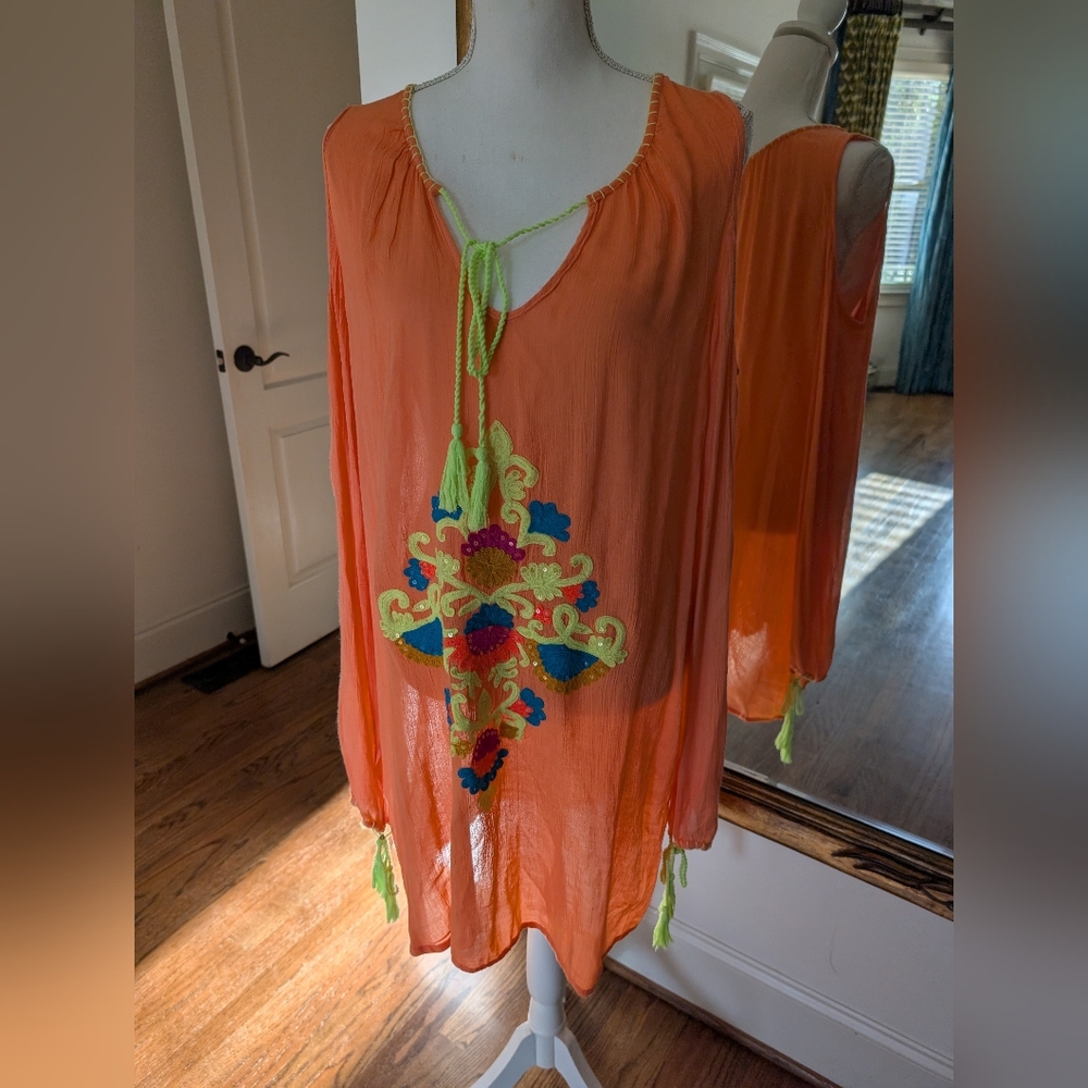 Tropical Orange Embroidered Swim Cover-Up